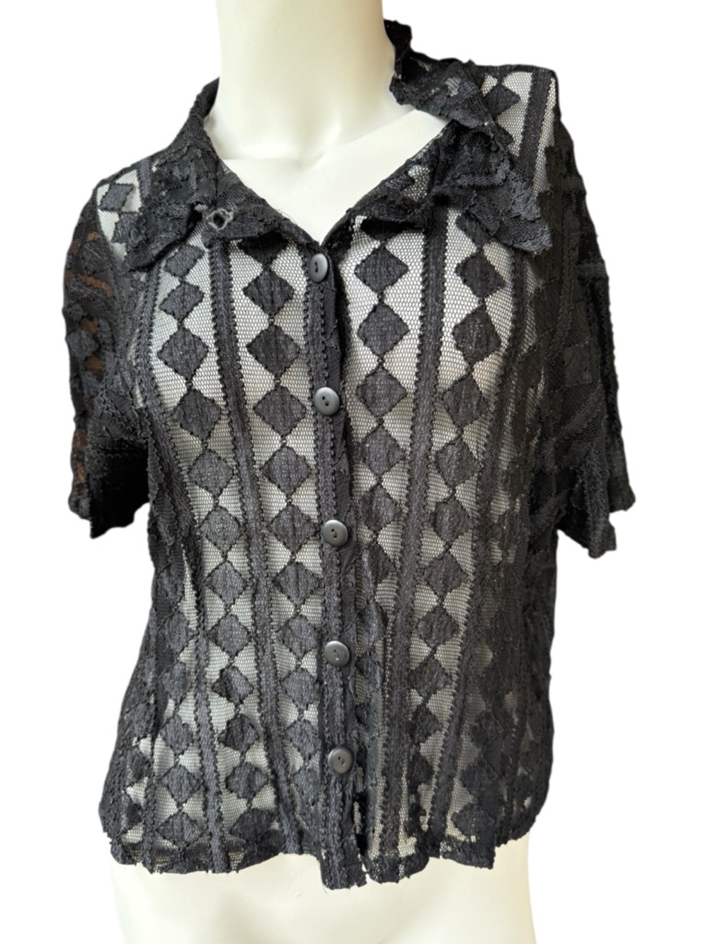 Vintage black geo lace short sleeve button down shirt.